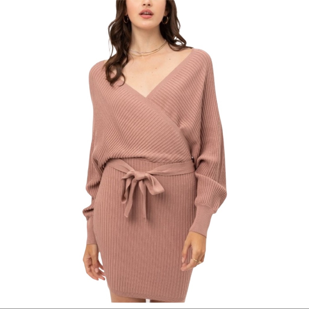 Off Shoulder Ribbed Wrap Belted Knit Dress
